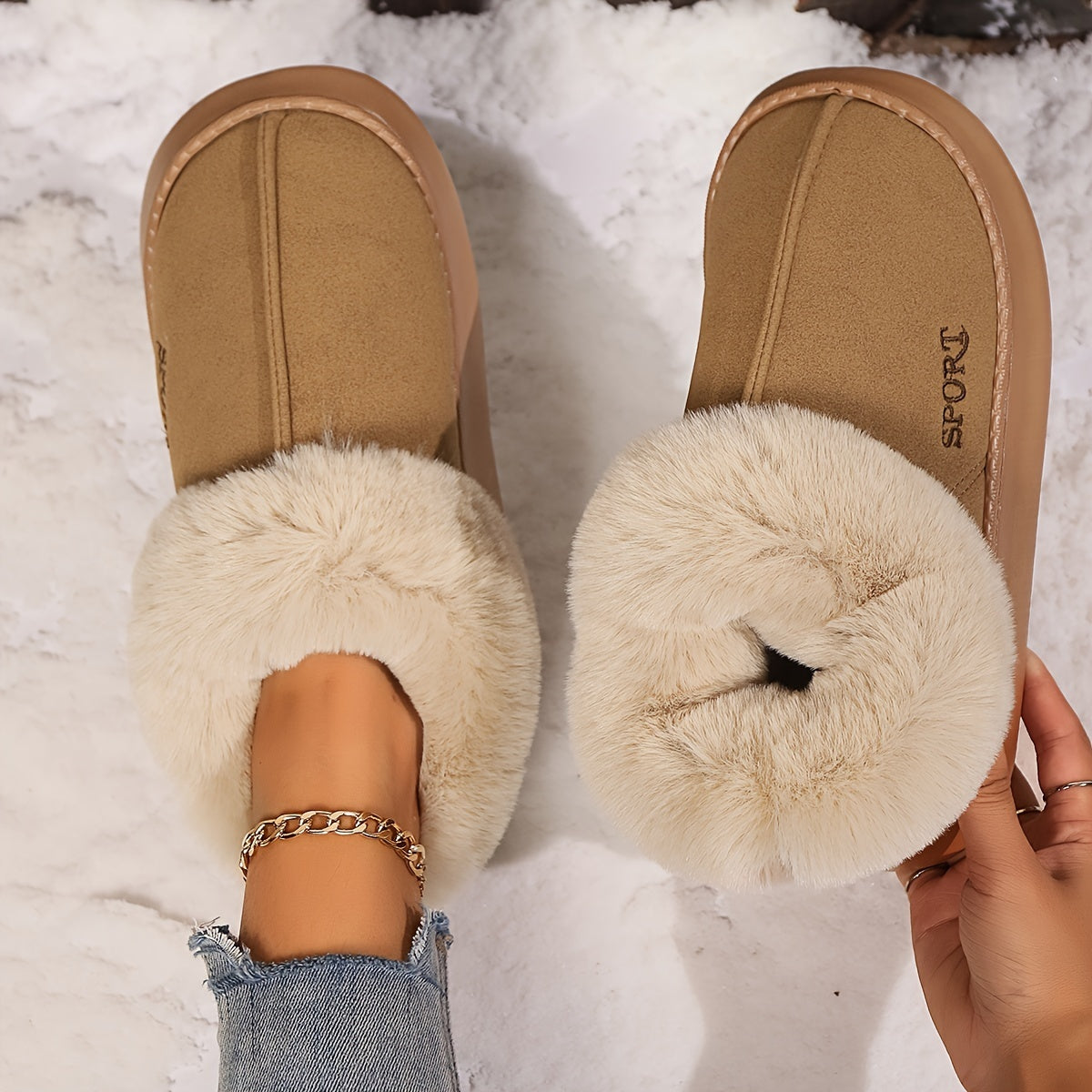 Women's Non-Slip Platform Slippers Shoes With Faux Fur Lining
