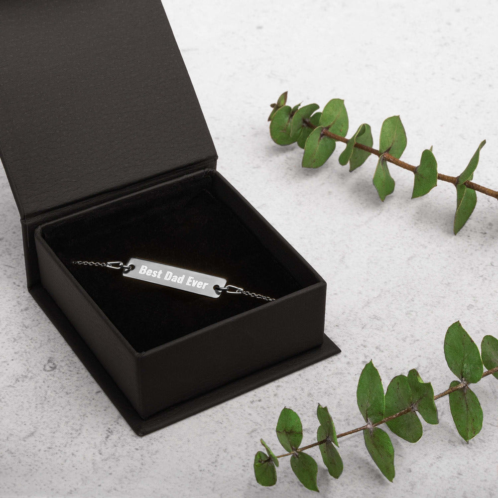 Personalized Best Dad Ever Engraved Silver Bar Chain Bracelet. Fathers Day Bracelet for Dad. Perfect Custom Jewelry for Men. Made in USA-Sterling Silver Rhodium and Gold Plated Jewelry.