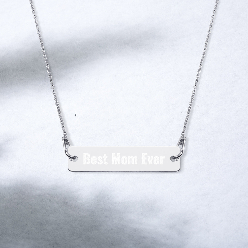 Personalized Best Mom Ever Bar Necklace. Engraved Silver Bar Chain Necklace. Gold Plated Sterling Silver Necklace for Moms. Perfect Gift for Moms, Her, Wife, Girlfriend. Made in USA-Rhodium, White and Black, 18K Rose Gold and 24K Gold Plated Necklace.