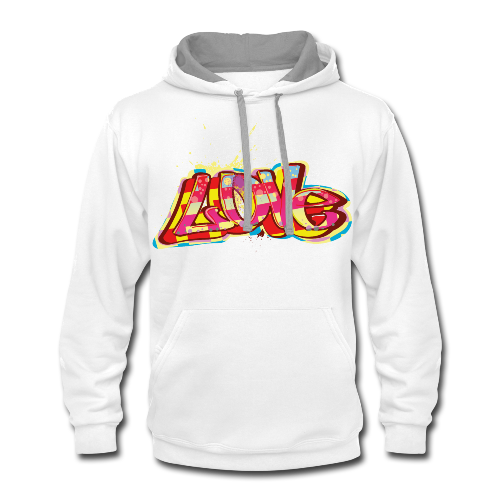 Unisex Contrast Hoodie. LOVE print unisex graphic contrast hoodie. Gift for Spouse and Partner. Couples Matching Hoodie. - white/gray