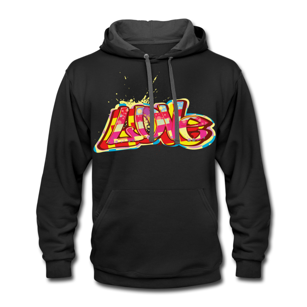 Unisex Contrast Hoodie. LOVE print unisex graphic contrast hoodie. Gift for Spouse and Partner. Couples Matching Hoodie. - black/asphalt
