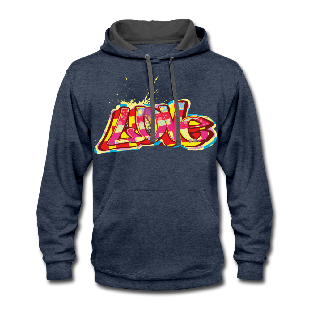 Unisex Contrast Hoodie. LOVE print unisex graphic contrast hoodie. Gift for Spouse and Partner. Couples Matching Hoodie. - indigo heather/asphalt