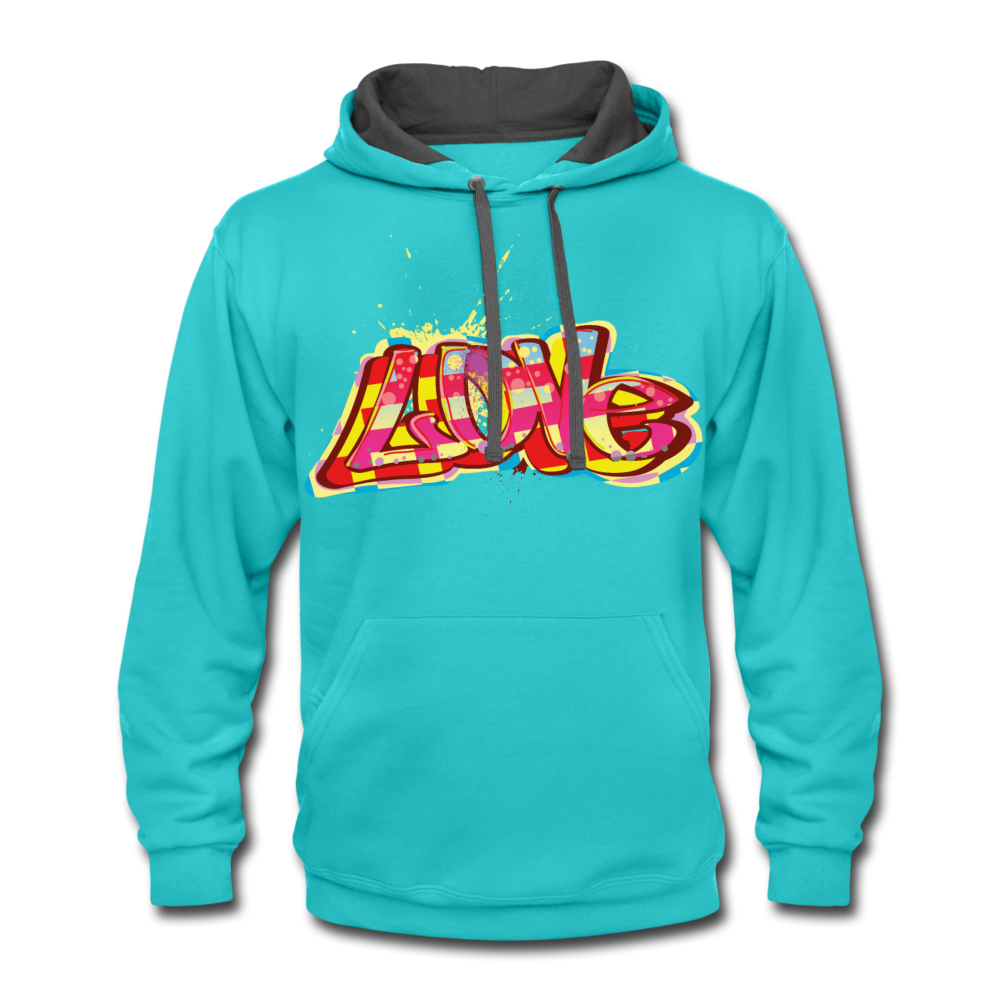 Unisex Contrast Hoodie. LOVE print unisex graphic contrast hoodie. Gift for Spouse and Partner. Couples Matching Hoodie. - scuba blue/asphalt