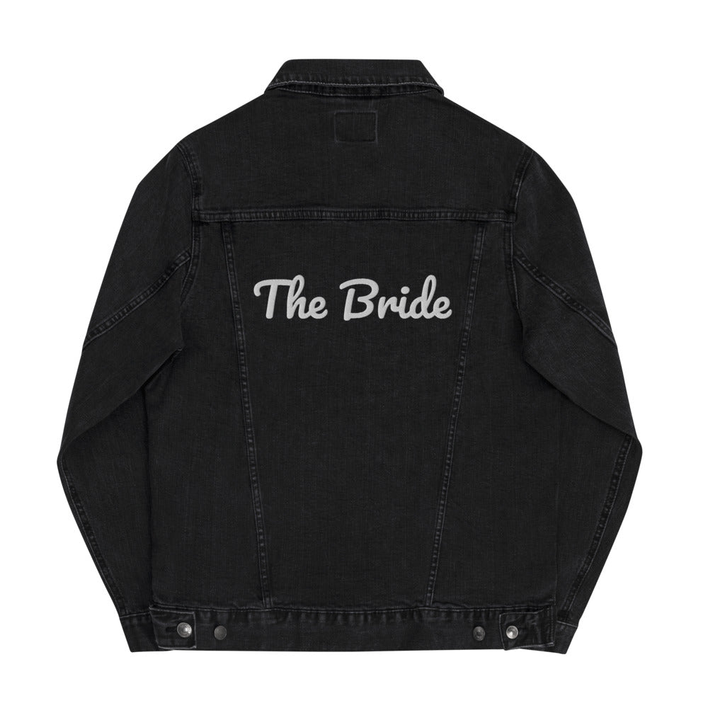 The Bride Embroidery Denim Jacket. Customizable Unisex Denim Jacket. Personalized Jacket for New Bride. Gift for Bride. Black and Blue Custom Denim Jacket. Beach Wedding Jacket. Honey Moon Travel Jacket for New Couple