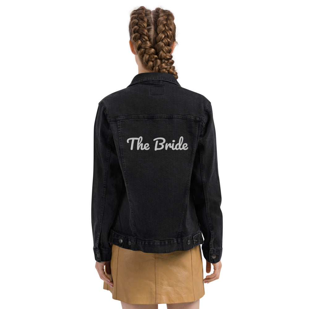 The Bride Embroidery Denim Jacket. Customizable Unisex Denim Jacket. Personalized Jacket for New Bride. Gift for Bride. Black and Blue Custom Denim Jacket. Beach Wedding Jacket. Honey Moon Travel Jacket for New Couple