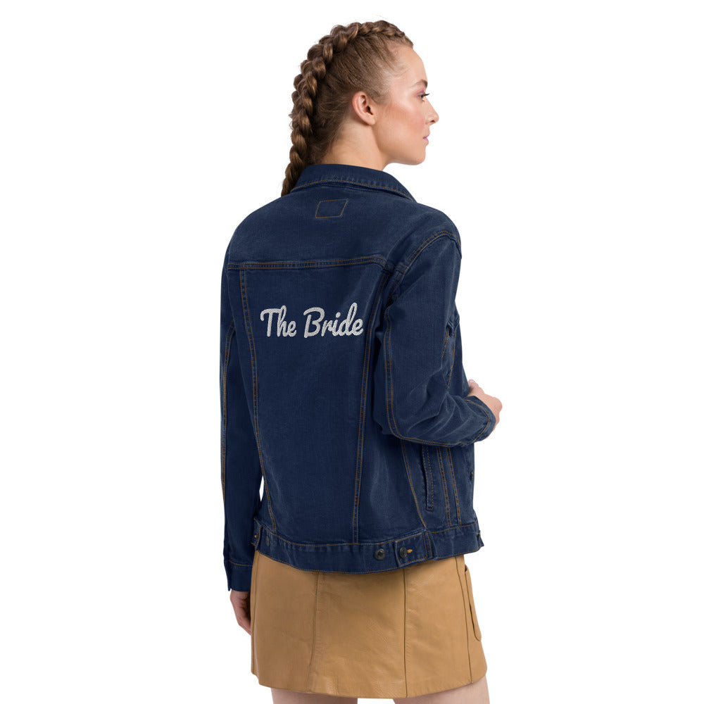 The Bride Embroidery Denim Jacket. Customizable Unisex Denim Jacket. Personalized Jacket for New Bride. Gift for Bride. Black and Blue Custom Denim Jacket. Beach Wedding Jacket. Honey Moon Travel Jacket for New Couple