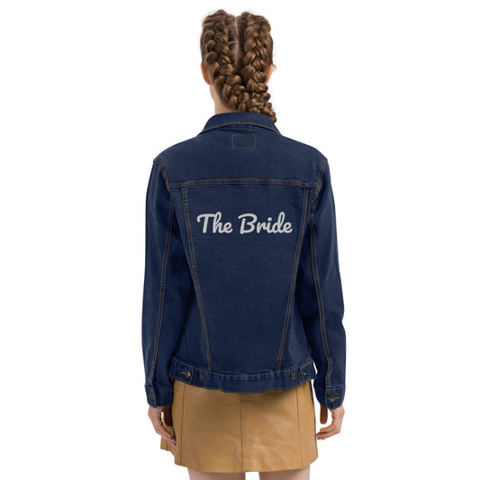 The Bride Embroidery Denim Jacket. Customizable Unisex Denim Jacket. Personalized Jacket for New Bride. Gift for Bride. Black and Blue Custom Denim Jacket. Beach Wedding Jacket. Honey Moon Travel Jacket for New Couple