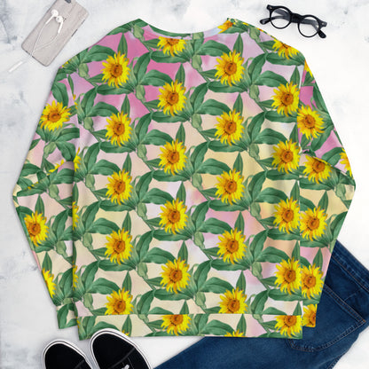 Hand-Sewn Unisex Sweatshirt. Custom Fabric Print Sweatshirt. Unsex Top for women and Men. Sunflower Print Shirt. Cold Summer Evening Top
