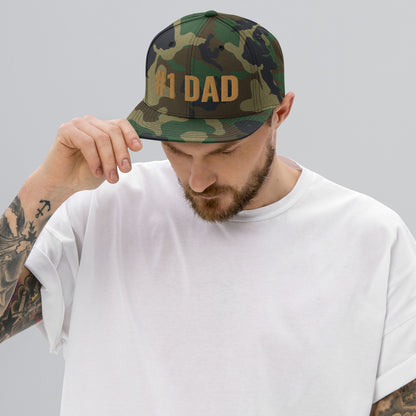 Personalized #1 DAD Custom Camouflage Snapback Hat. Customizable Fathers day Custom Headwear. Summer Beach Hat for Dads. Hand-Made Face Cap Gifts for Men, Fathers, Husbands, Sons, Grandpas. Made in USA.