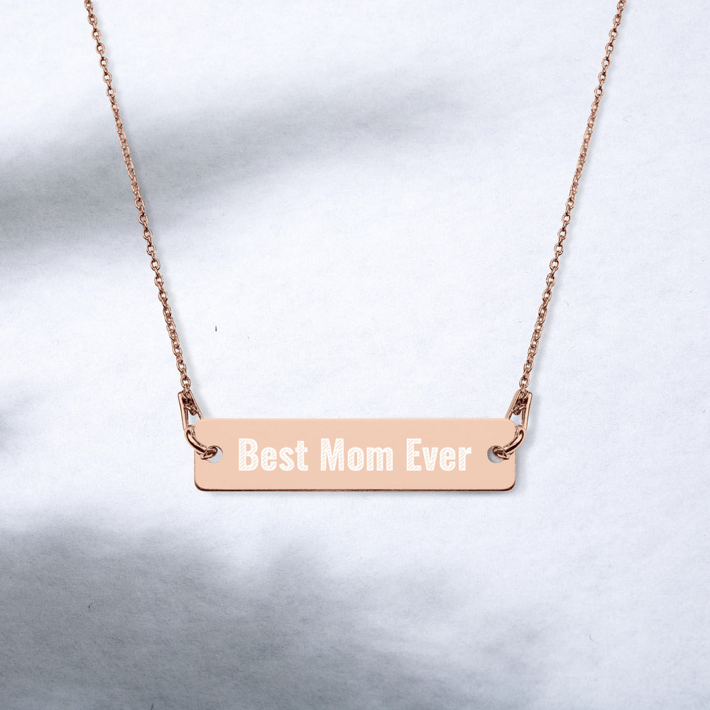 Personalized Best Mom Ever Bar Necklace. Engraved Silver Bar Chain Necklace. Gold Plated Sterling Silver Necklace for Moms. Perfect Gift for Moms, Her, Wife, Girlfriend. Made in USA-Rhodium, White and Black, 18K Rose Gold and 24K Gold Plated Necklace.