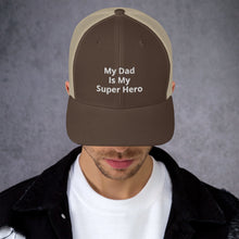 Load image into Gallery viewer, My Dad Is My Hero Trucker Cap. Custom Mesh Hat for Fathers Day. Hat Gift for Men. Daddy Summer Beach Hat. Gift for Dad, Grandpa, Son, Grandson. Holiday Gift for Men

