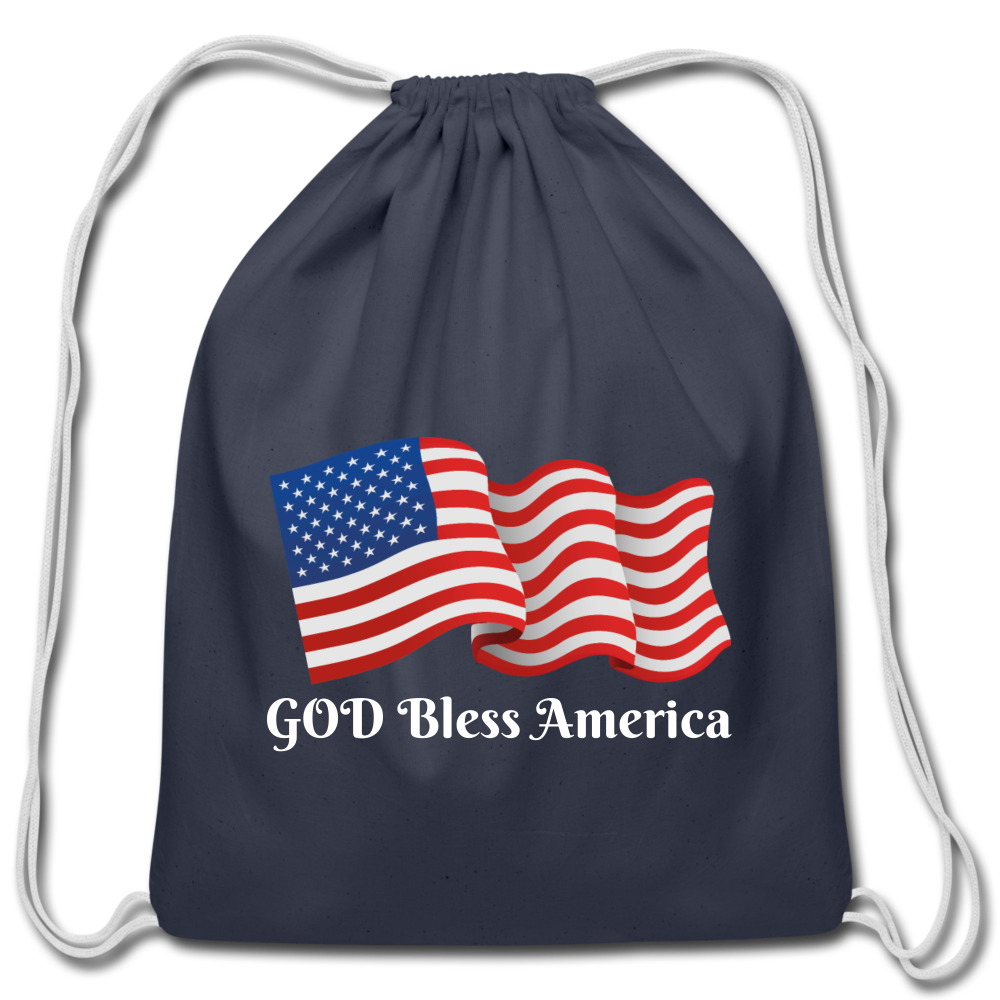 God Bless America Sack bag. Personalized Cotton Drawstring Bag. DIY Customizable Drawstring Backpack for Gym, Sports, Fitness. Made in USA Thanksgiving Gift. Custom Christmas Gift . Custom Washable Cotton Backpack for Children, Youths and Adults - navy