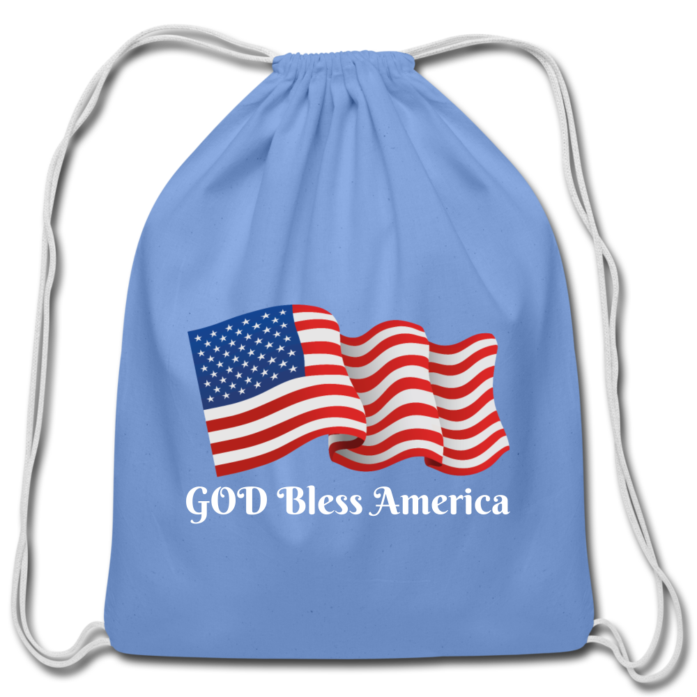 God Bless America Sack bag. Personalized Cotton Drawstring Bag. DIY Customizable Drawstring Backpack for Gym, Sports, Fitness. Made in USA Thanksgiving Gift. Custom Christmas Gift . Custom Washable Cotton Backpack for Children, Youths and Adults - carolina blue