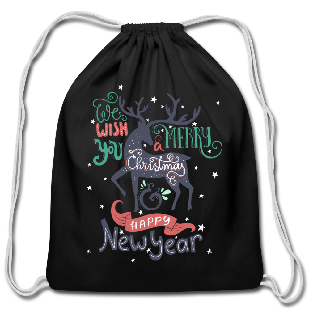 Personalized Cotton Drawstring Bag. We Wish You a Merry Christmas and Happy New Year Drawstring Bag. Happy Holiday Washable Fabric Sack Bag - black