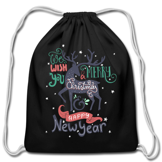 Personalized Cotton Drawstring Bag. We Wish You a Merry Christmas and Happy New Year Drawstring Bag. Happy Holiday Washable Fabric Sack Bag - black