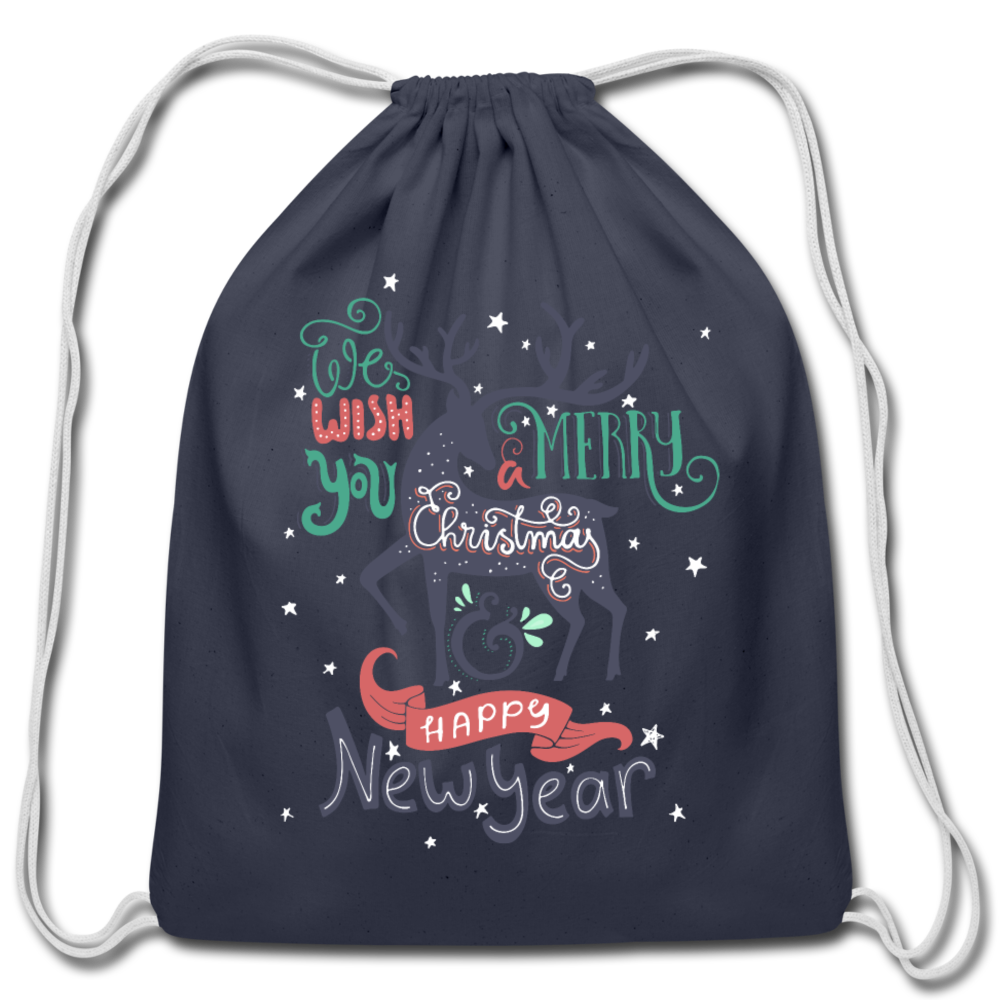 Personalized Cotton Drawstring Bag. We Wish You a Merry Christmas and Happy New Year Drawstring Bag. Happy Holiday Washable Fabric Sack Bag - navy