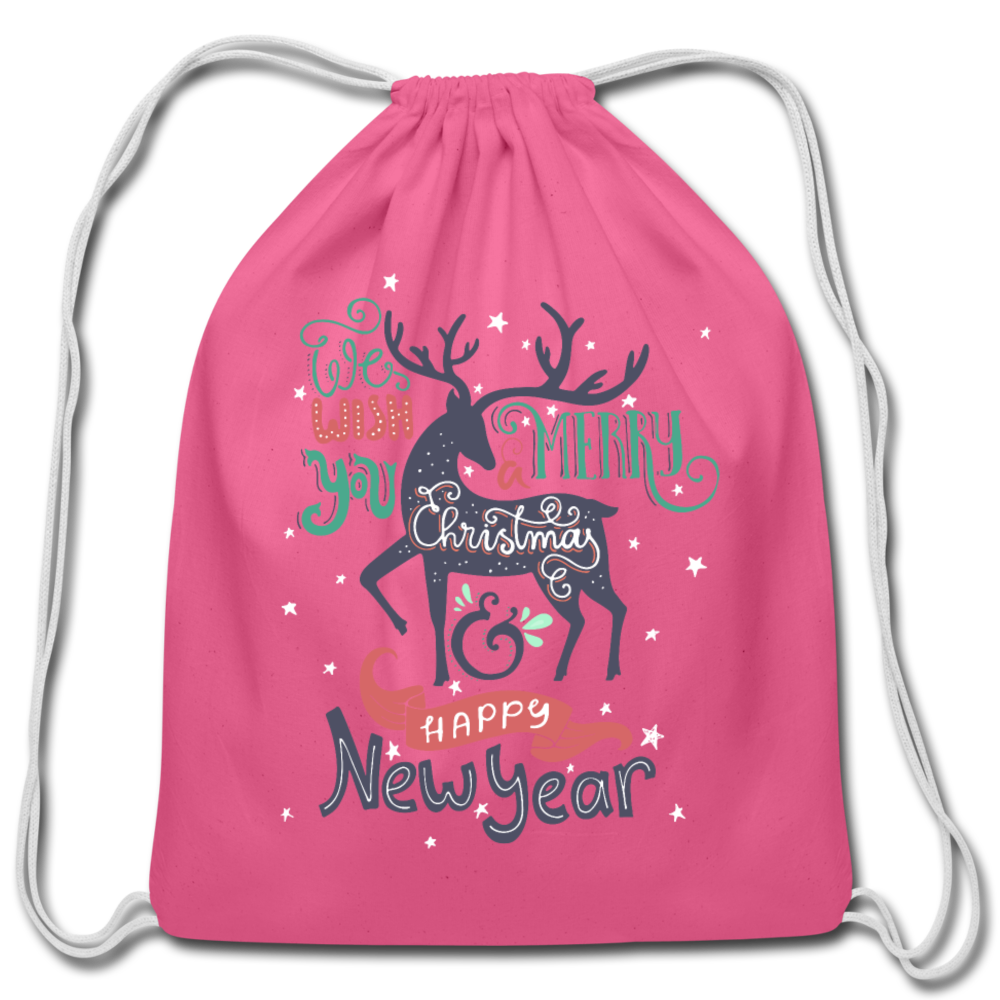 Personalized Cotton Drawstring Bag. We Wish You a Merry Christmas and Happy New Year Drawstring Bag. Happy Holiday Washable Fabric Sack Bag - pink