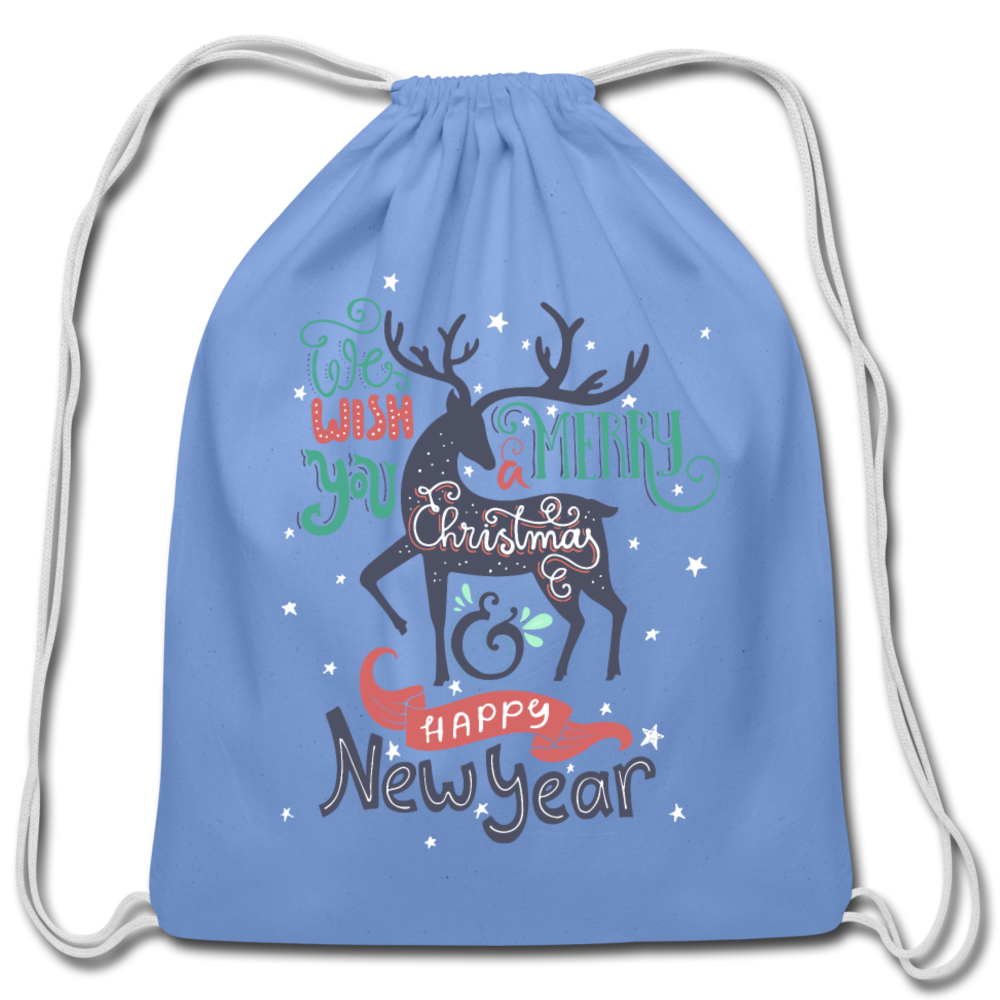 Personalized Cotton Drawstring Bag. We Wish You a Merry Christmas and Happy New Year Drawstring Bag. Happy Holiday Washable Fabric Sack Bag - carolina blue