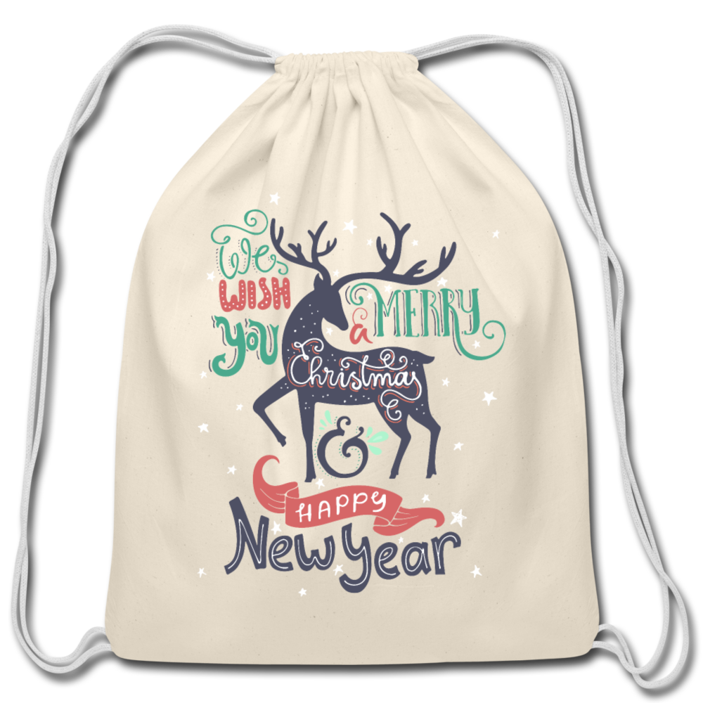 Personalized Cotton Drawstring Bag. We Wish You a Merry Christmas and Happy New Year Drawstring Bag. Happy Holiday Washable Fabric Sack Bag - natural