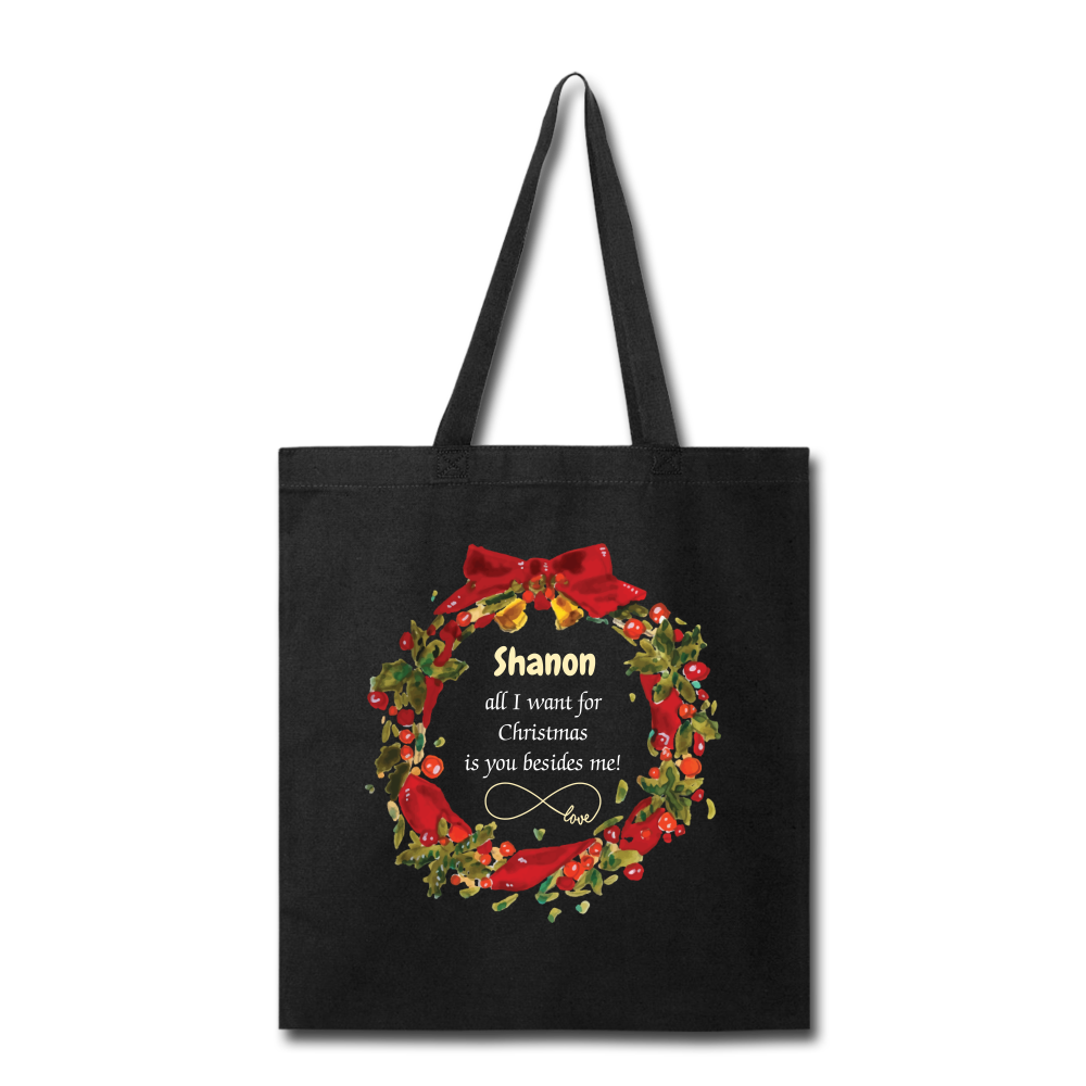Personalized Christmas Tote Bag for Lovers, Couples, Partners. All I Want Is You Tote Bag for Casual Outing and Eco-Friendly Shopping - black