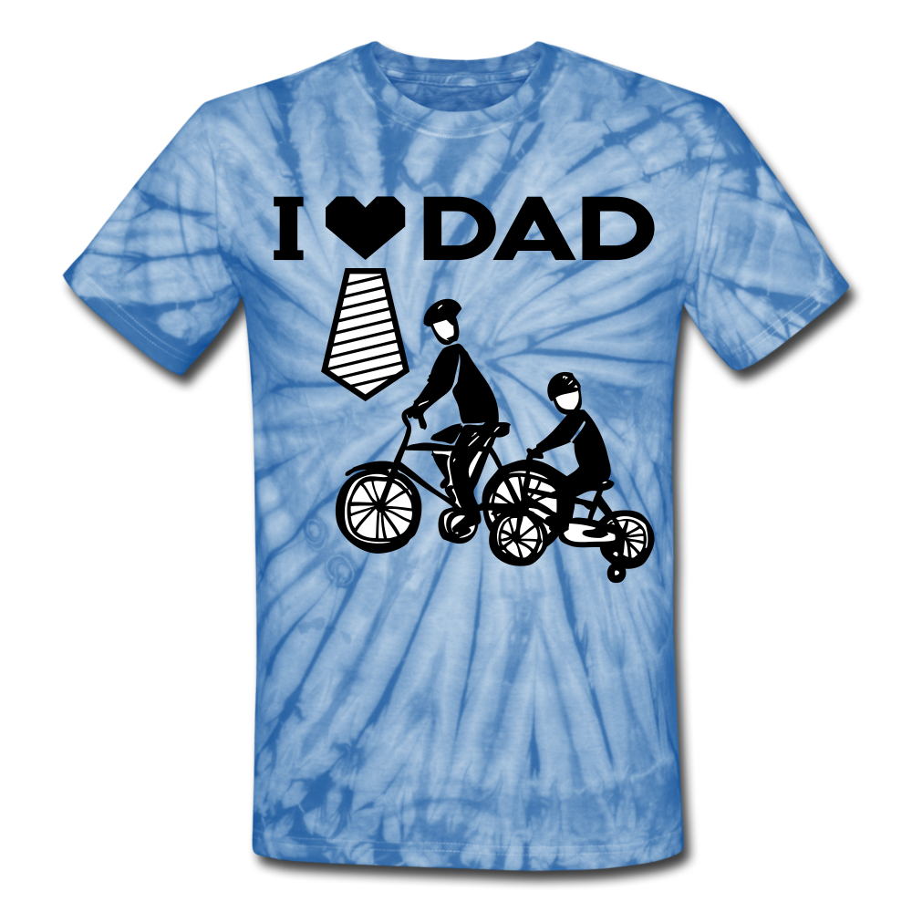 Personalization T Shirt. I Love Dad Unisex Tie Dye T-Shirt. Fathers Day Shirt. Gift for Dad, Son, Grandpa, Grandson, Son-in-Law, Husband - spider baby blue
