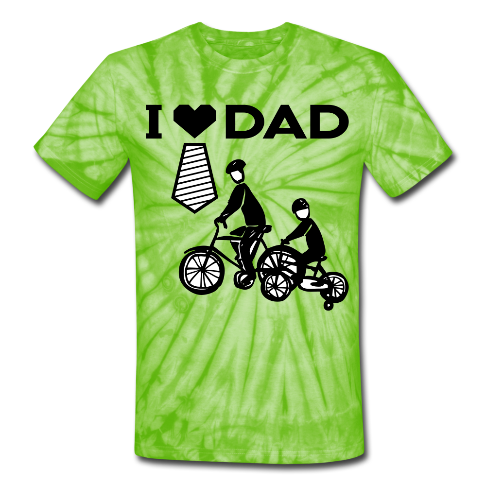 Personalization T Shirt. I Love Dad Unisex Tie Dye T-Shirt. Fathers Day Shirt. Gift for Dad, Son, Grandpa, Grandson, Son-in-Law, Husband - spider lime green