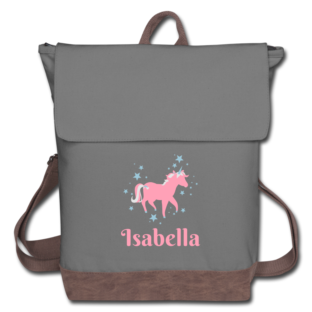 Girl Unicorn Canvas Backpack. Back to School Backpack for Girls. Custom Girls Backpack. Personalized Backpack for School Kids - gray/brown