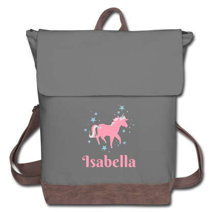 Girl Unicorn Canvas Backpack. Back to School Backpack for Girls. Custom Girls Backpack. Personalized Backpack for School Kids - gray/brown