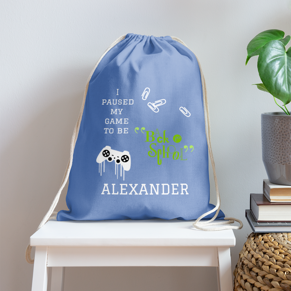 Personalized Cotton Drawstring Bag. Eco-friendly Customizable Sack Bag. Back to School Bag for Teachers and School Children - carolina blue