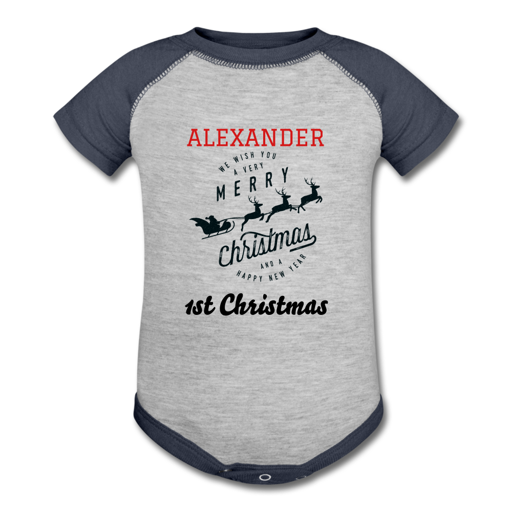 Personalized Christmas Baseball Baby Bodysuit. Christmas Apparel for Newborn. Holiday Custom Clothing for Infants and Toddlers. 1st Christmas Apparel. - heather gray/navy