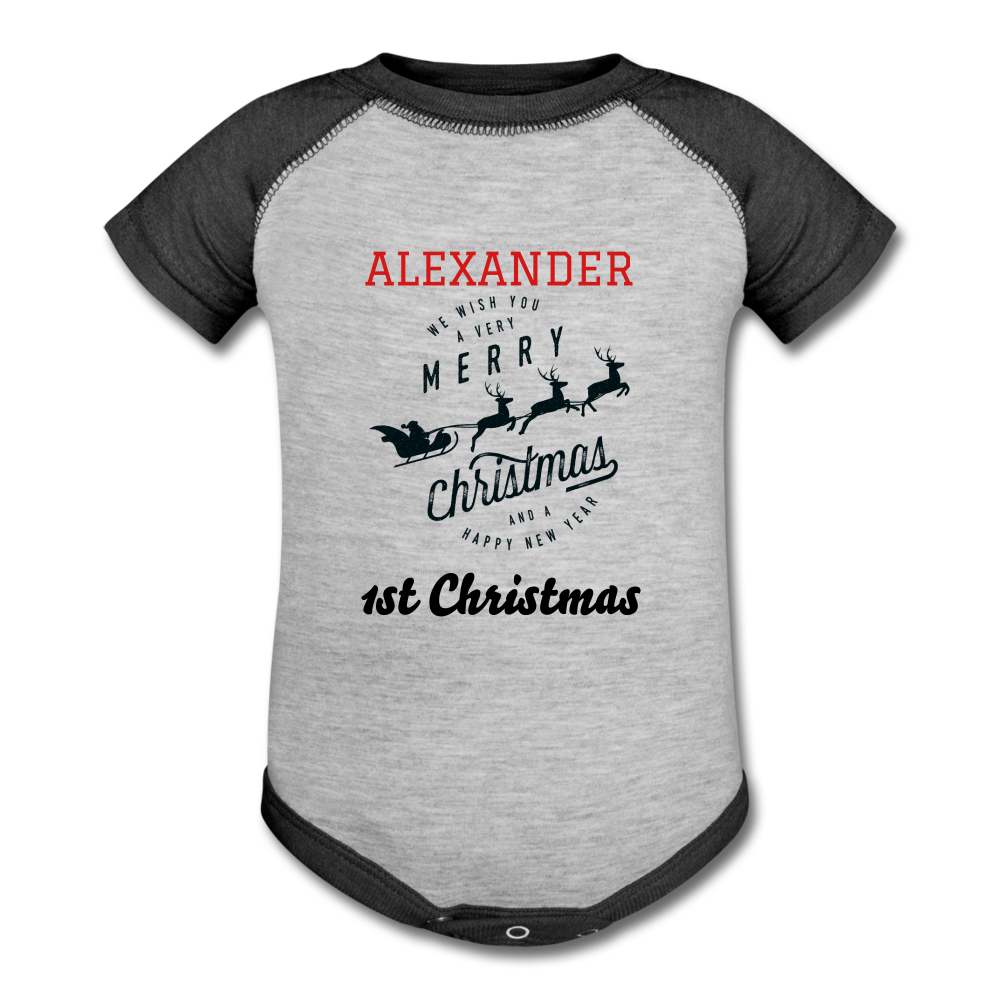 Personalized Christmas Baseball Baby Bodysuit. Christmas Apparel for Newborn. Holiday Custom Clothing for Infants and Toddlers. 1st Christmas Apparel. - heather gray/charcoal