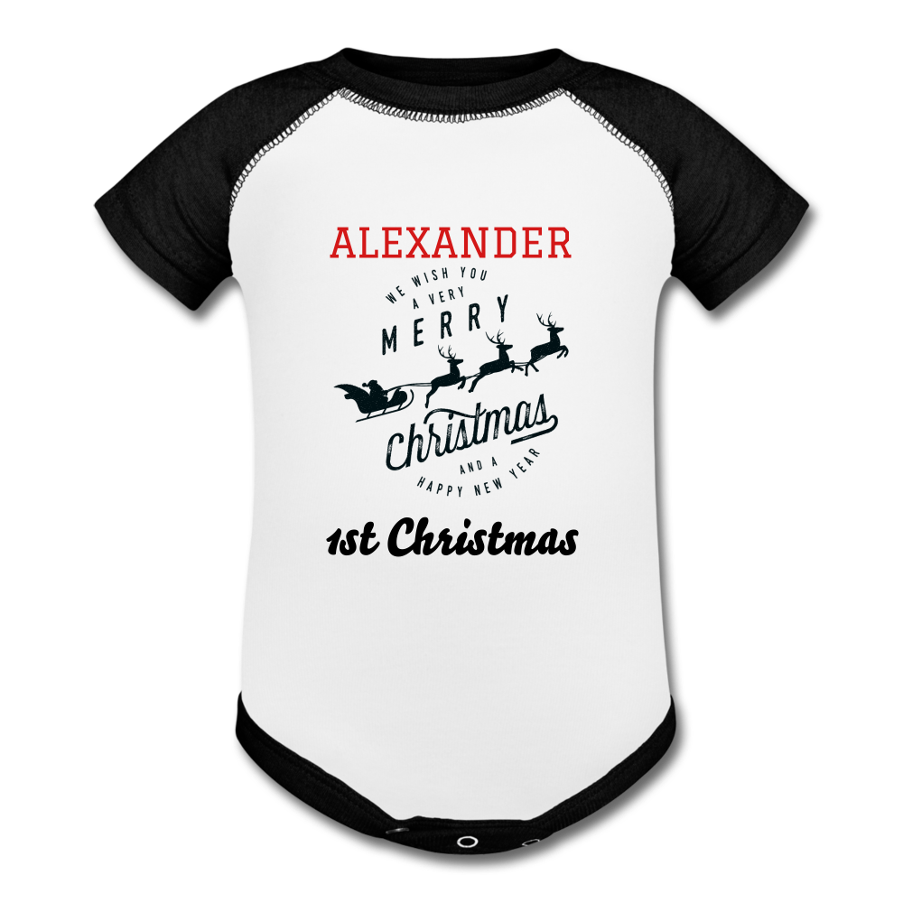 Personalized Christmas Baseball Baby Bodysuit. Christmas Apparel for Newborn. Holiday Custom Clothing for Infants and Toddlers. 1st Christmas Apparel. - white/black